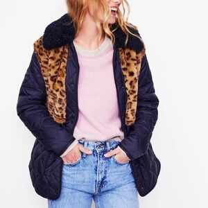 Boden Chester Quilted Borg Coat in Navy and Leopard